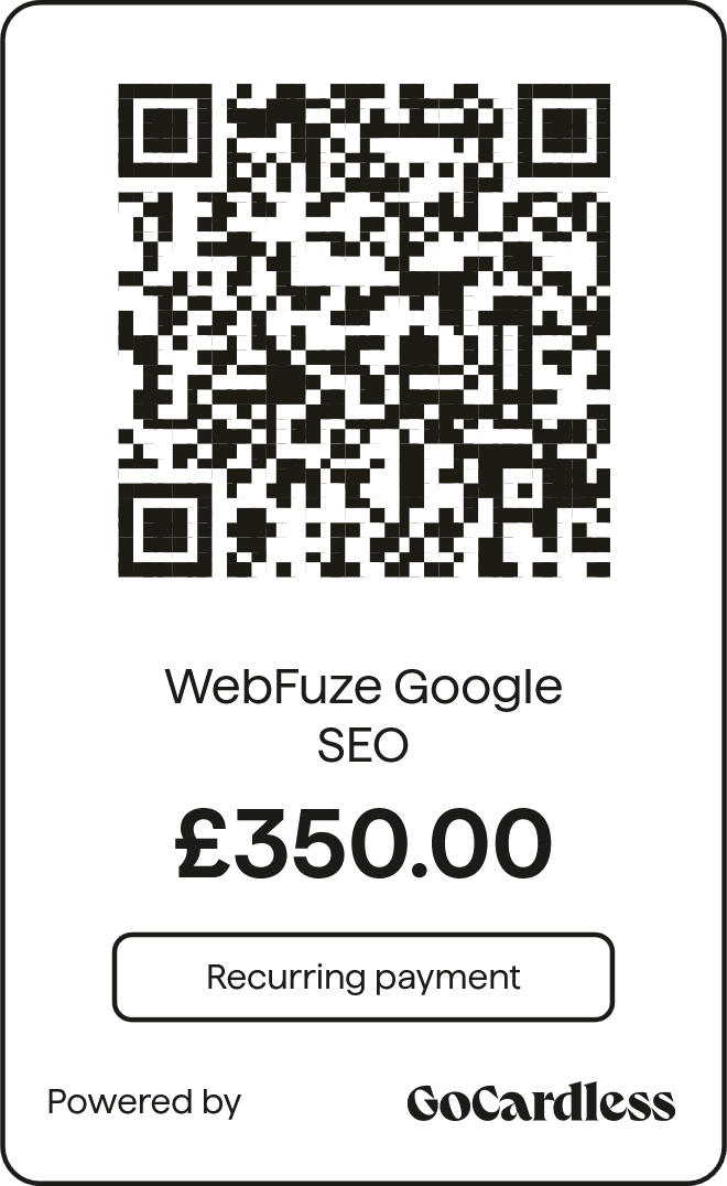 Scan to set up your KomTek SEO subscription via GoCardless — £350/month recurring
